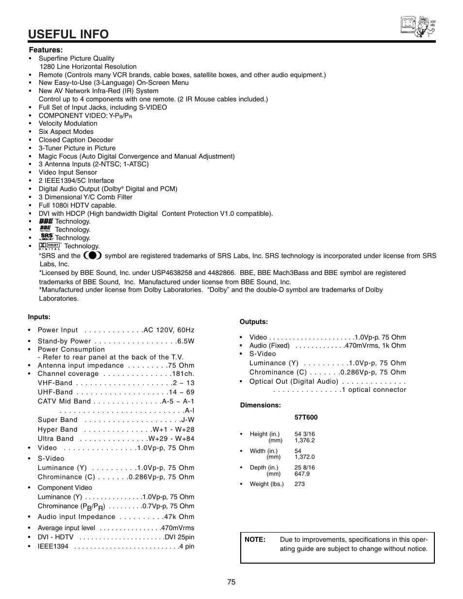 Useful info | Hitachi 57T600 User Manual | Page 75 / 80