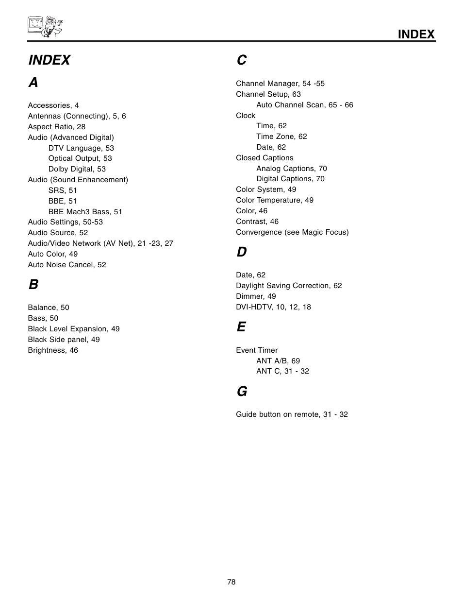 Index a, Index | Hitachi 57T600 User Manual | Page 78 / 80