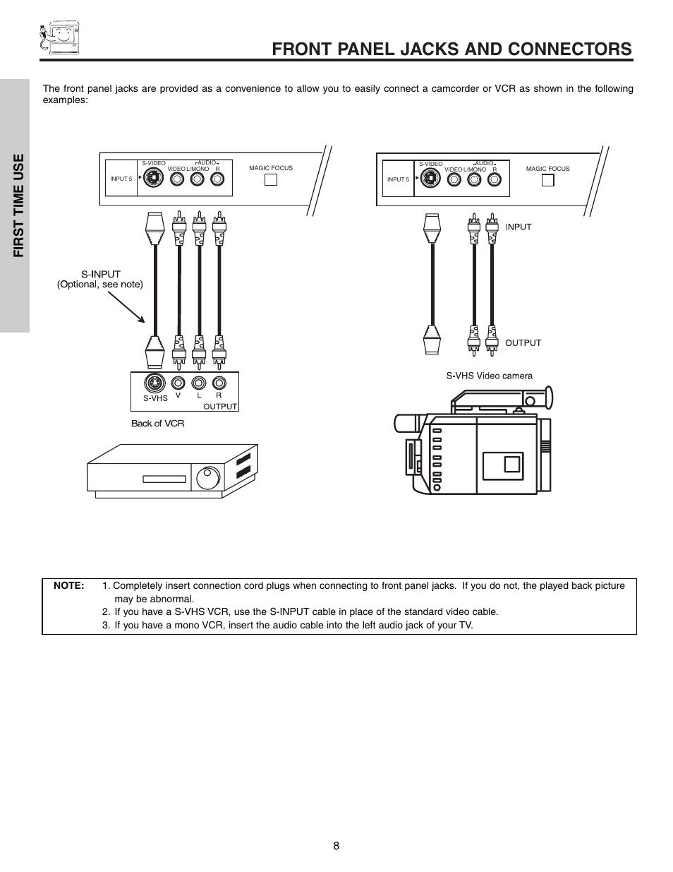 Front panel jacks and connectors, First time use | Hitachi 57T600 User Manual | Page 8 / 80