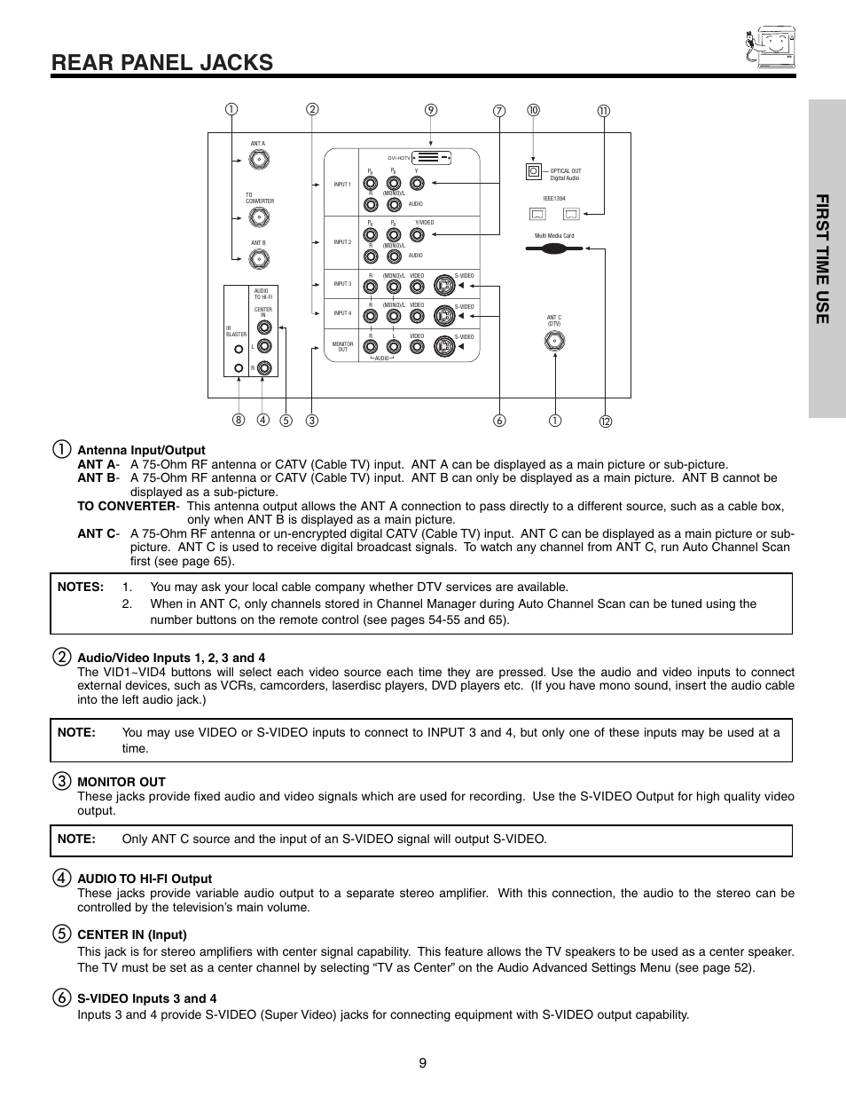 Rear panel jacks, First time use | Hitachi 57T600 User Manual | Page 9 / 80