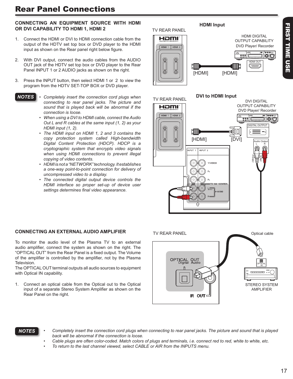 Rear panel connections, First time use 17 | Hitachi P50V702 User Manual | Page 17 / 68