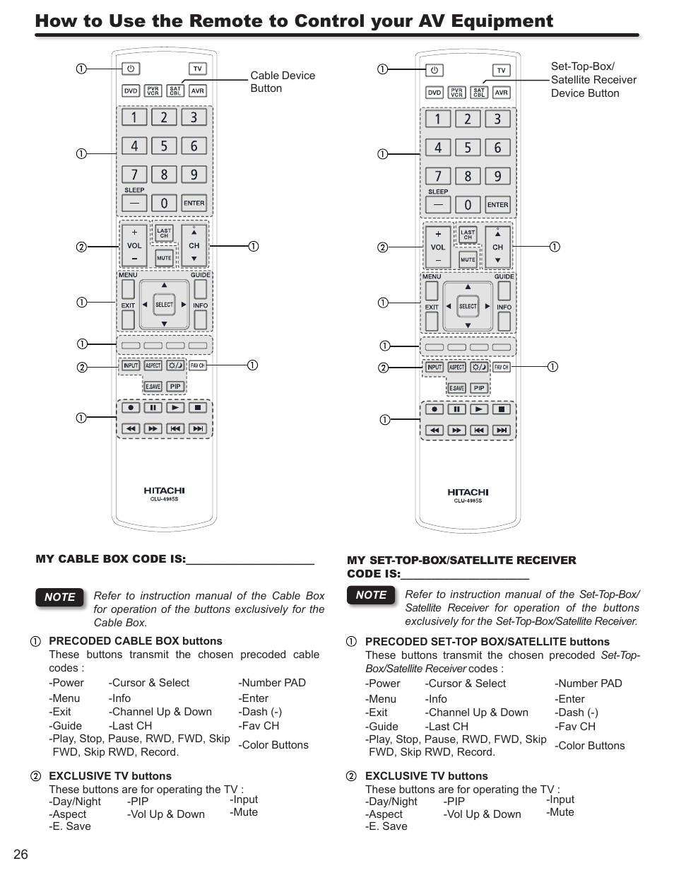How to use the remote to control your av equipment | Hitachi P50V702 User Manual | Page 26 / 68
