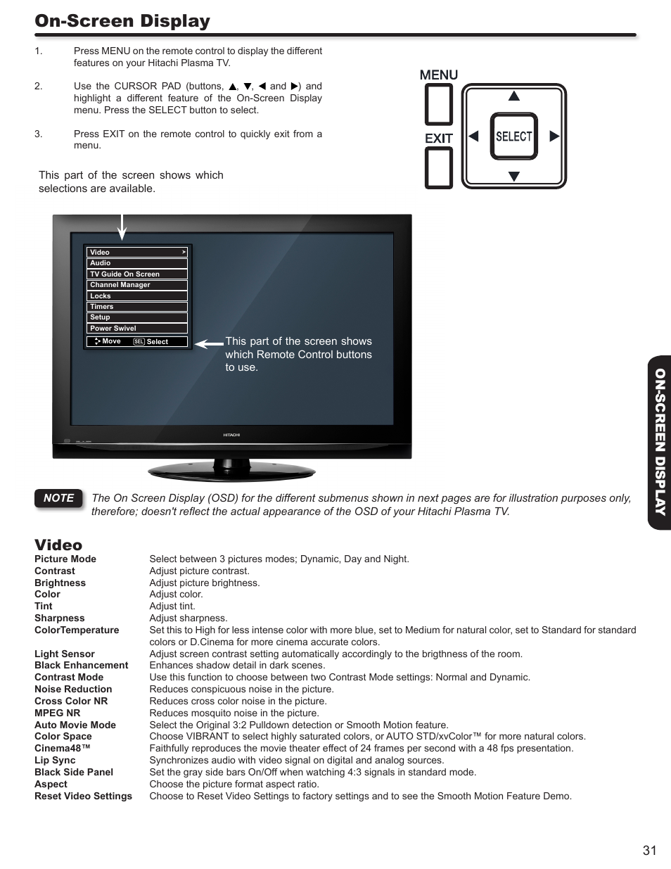 On-screen display, Video, 31 on-screen displa y | Hitachi P50V702 User Manual | Page 31 / 68