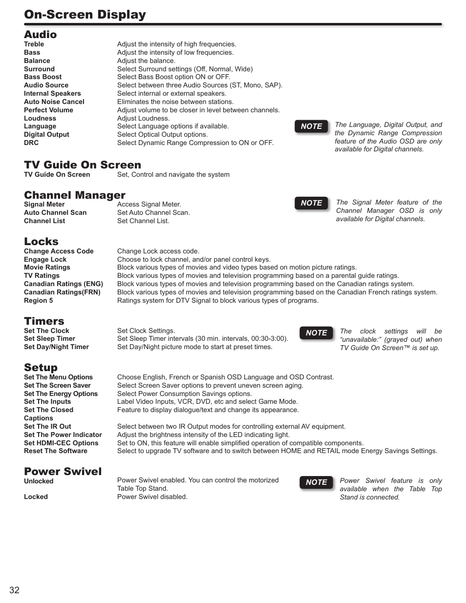 On-screen display, Audio, Tv guide on screen | Channel manager, Locks, Timers, Setup, Power swivel | Hitachi P50V702 User Manual | Page 32 / 68