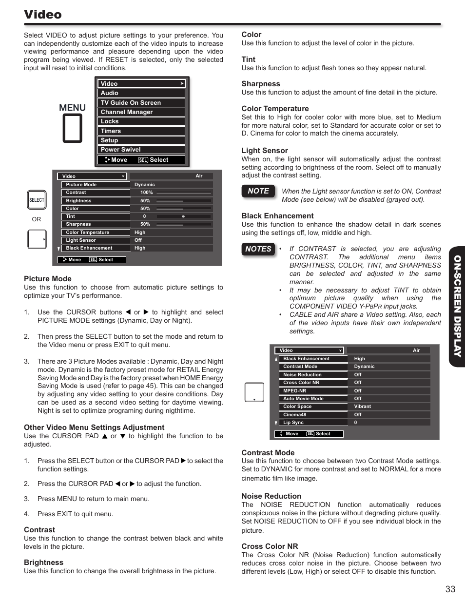 Video, 33 on-screen displa y | Hitachi P50V702 User Manual | Page 33 / 68