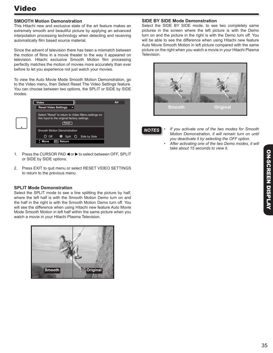Video, 35 on-screen displa y | Hitachi P50V702 User Manual | Page 35 / 68