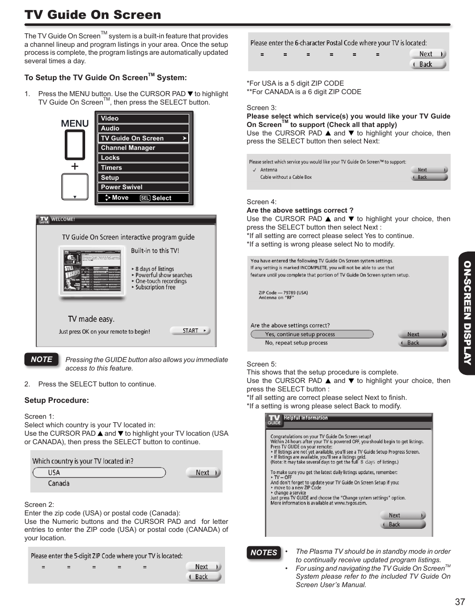 Tv guide on screen, 37 on-screen displa y | Hitachi P50V702 User Manual | Page 37 / 68
