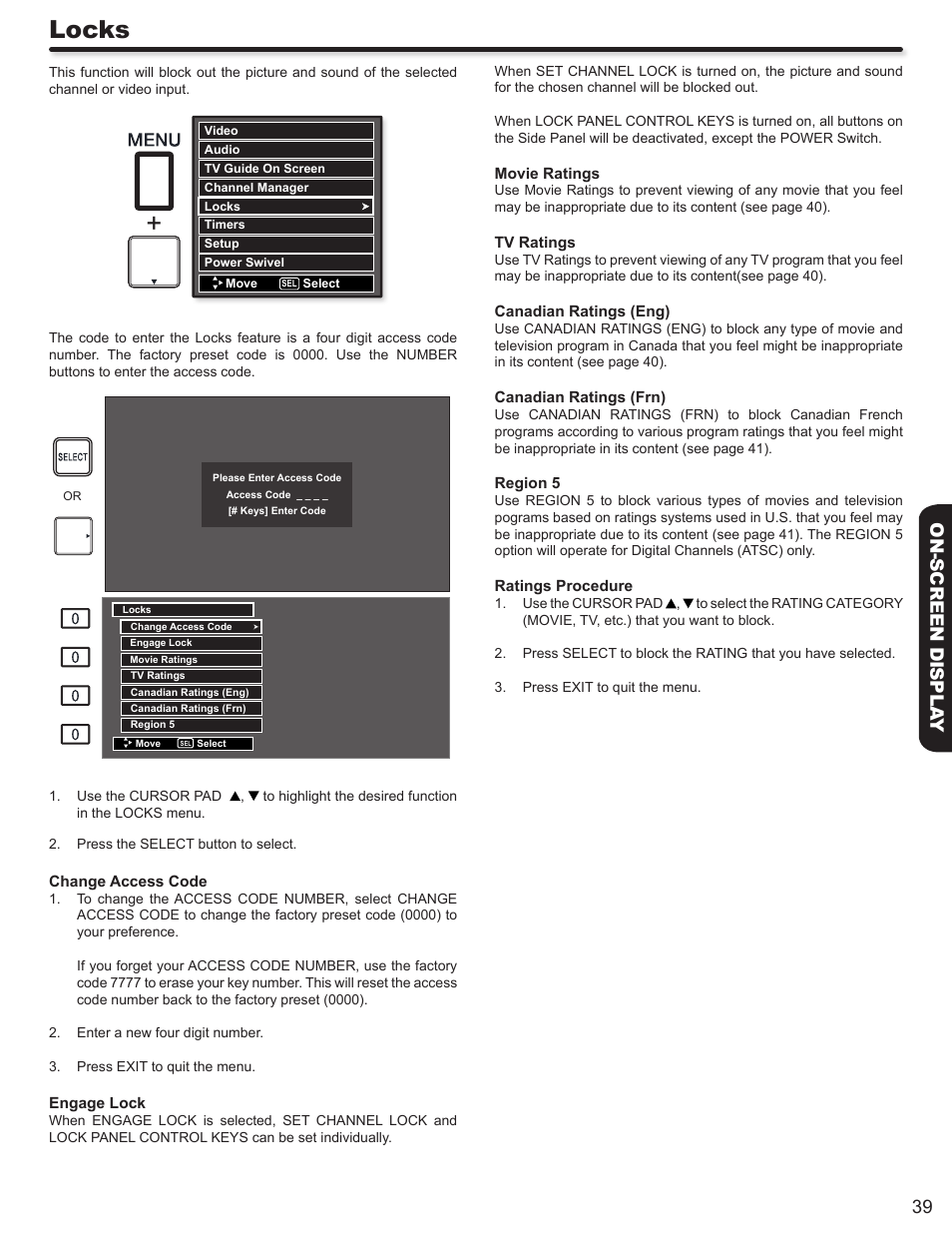 Locks, 39 on-screen displa y | Hitachi P50V702 User Manual | Page 39 / 68