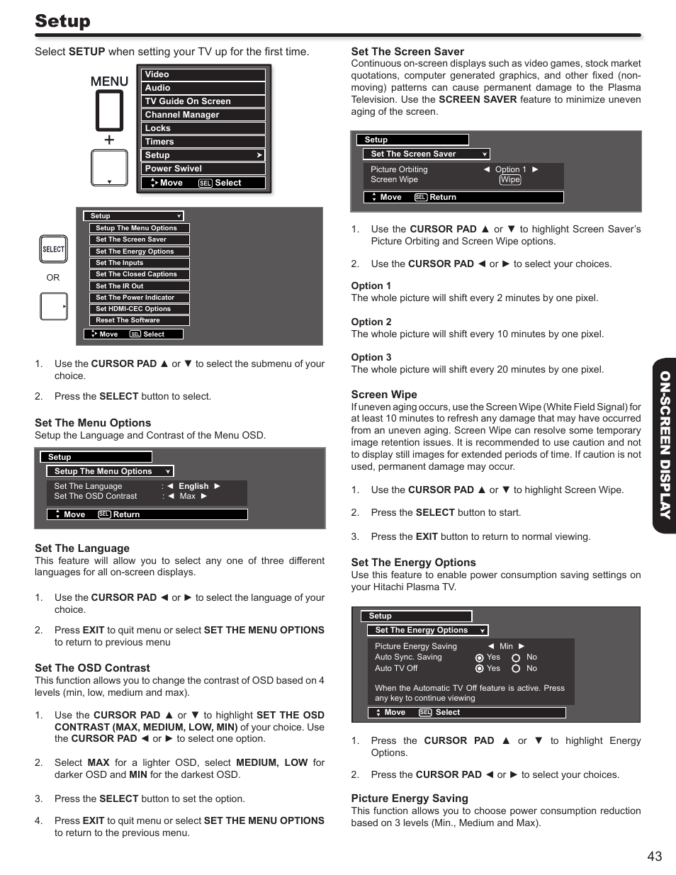 Setup, 43 on-screen displa y | Hitachi P50V702 User Manual | Page 43 / 68