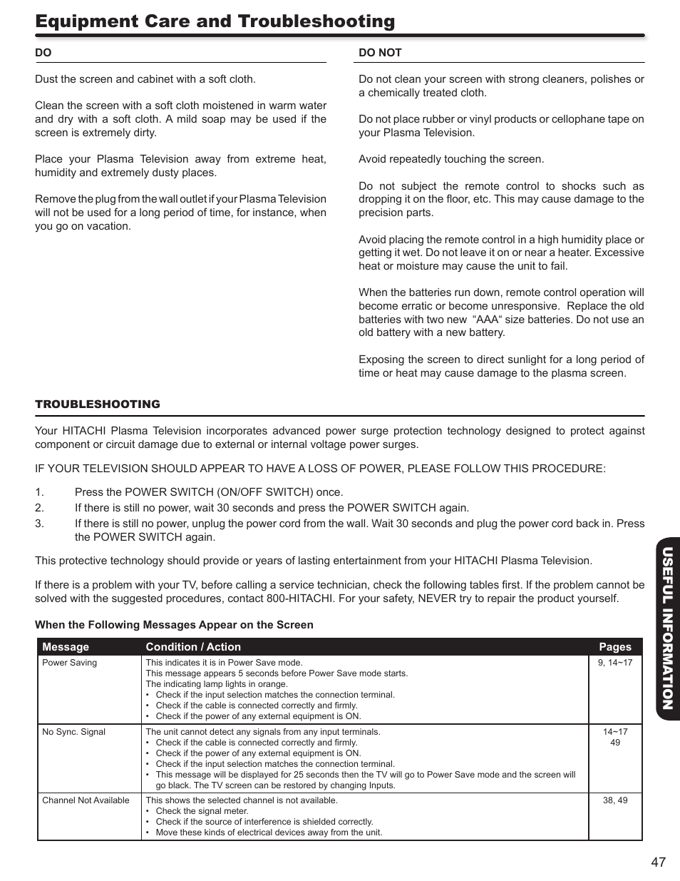 Equipment care and troubleshooting, 47 useful informa tion | Hitachi P50V702 User Manual | Page 47 / 68
