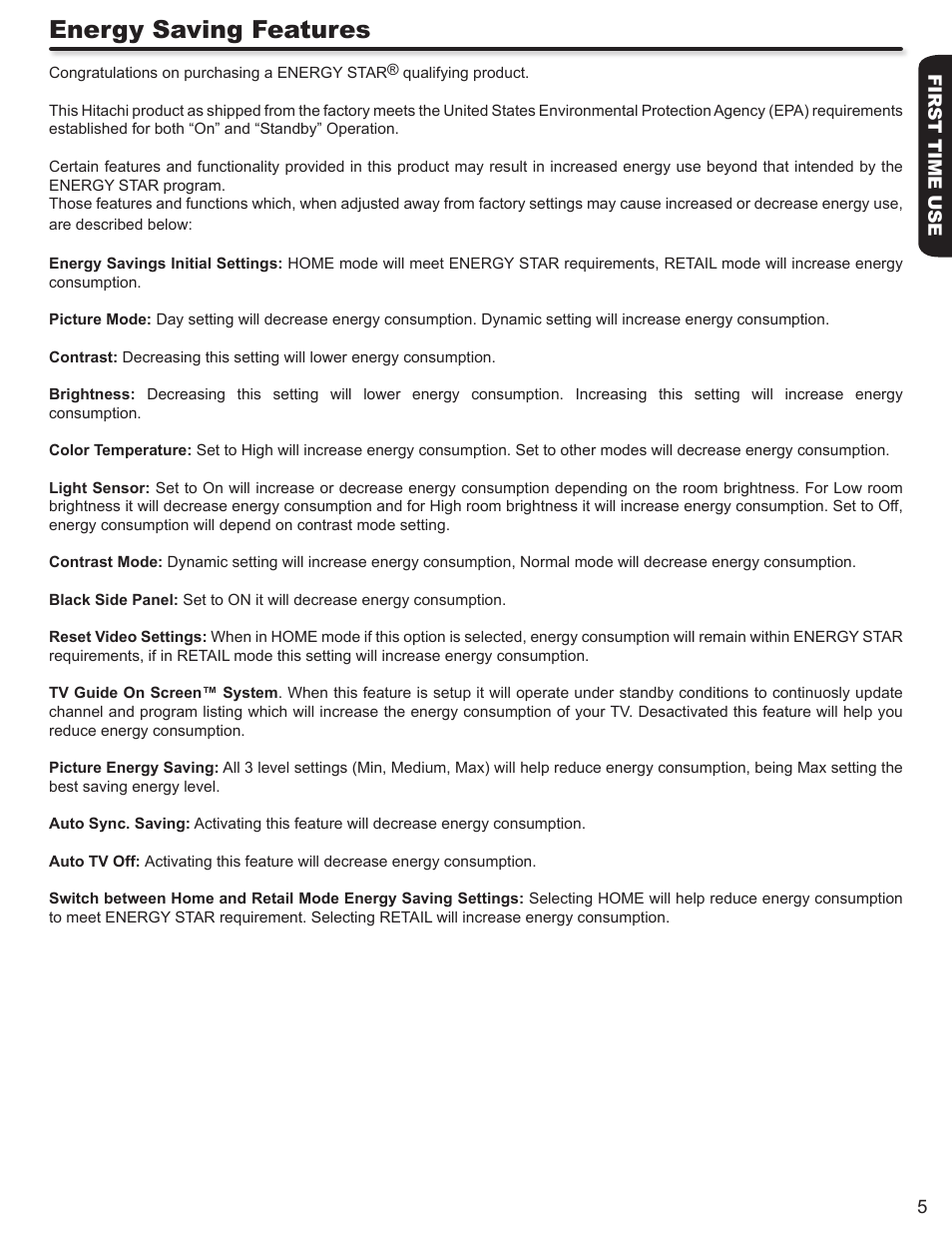 Energy saving features | Hitachi P50V702 User Manual | Page 5 / 68