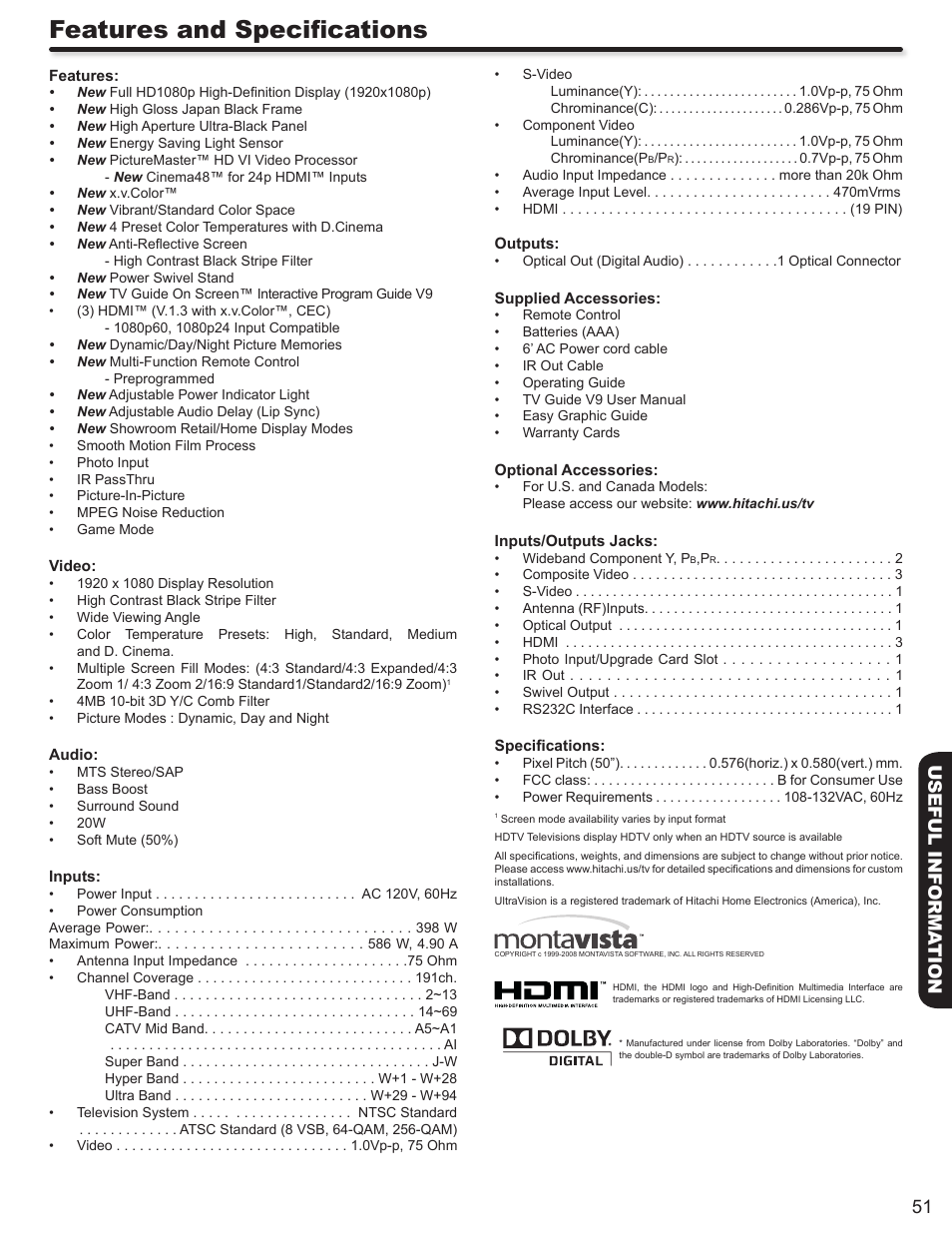 Features and specifications, 51 useful informa tion | Hitachi P50V702 User Manual | Page 51 / 68