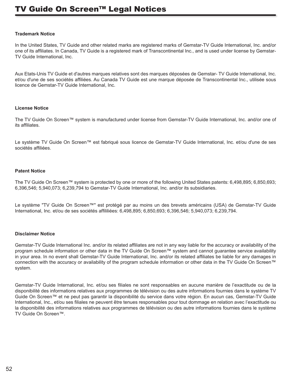 Tv guide on screen™ legal notices | Hitachi P50V702 User Manual | Page 52 / 68