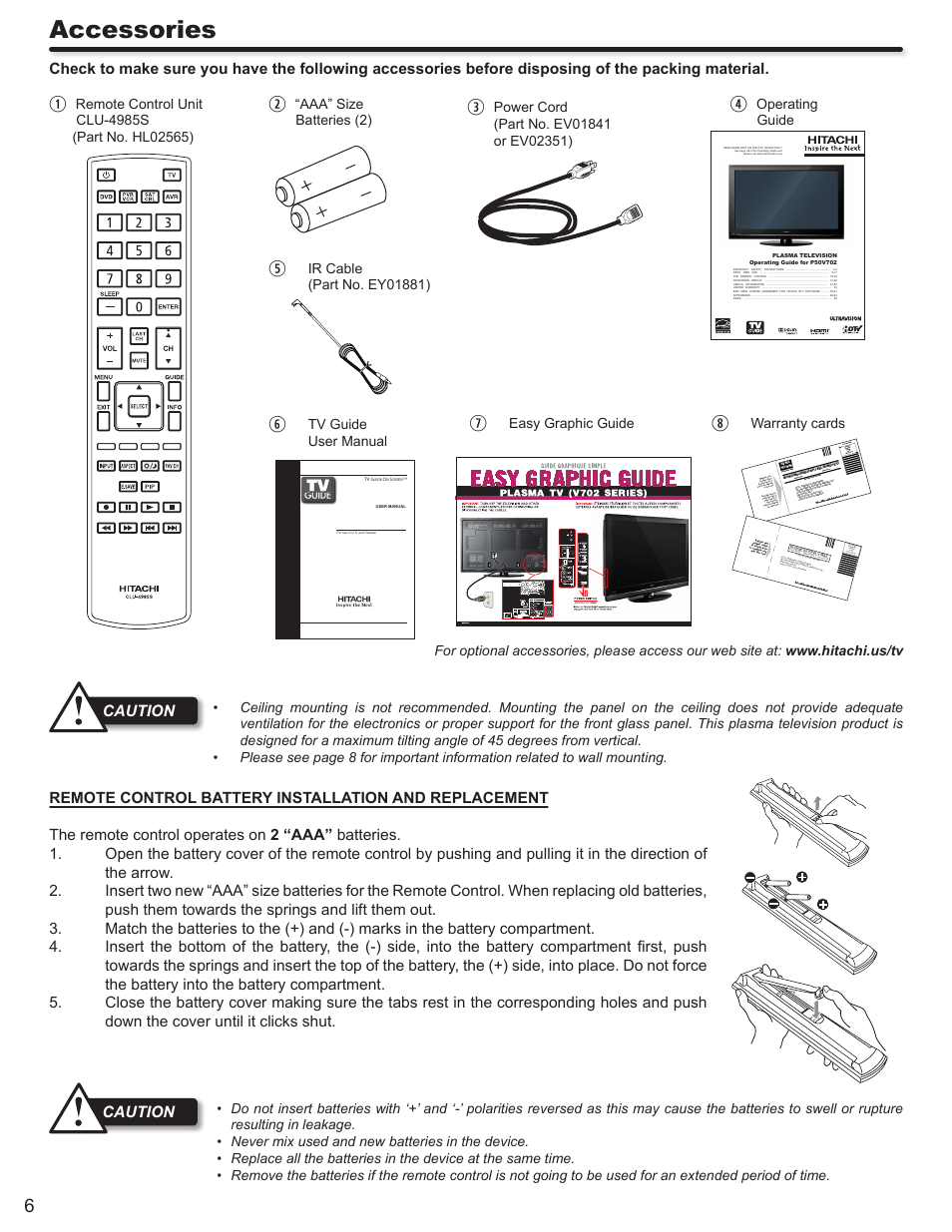 Accessories, Caution, Aaa” size batteries (2) | Operating guide, Tv guide user manual, Easy graphic guide, Warranty cards | Hitachi P50V702 User Manual | Page 6 / 68