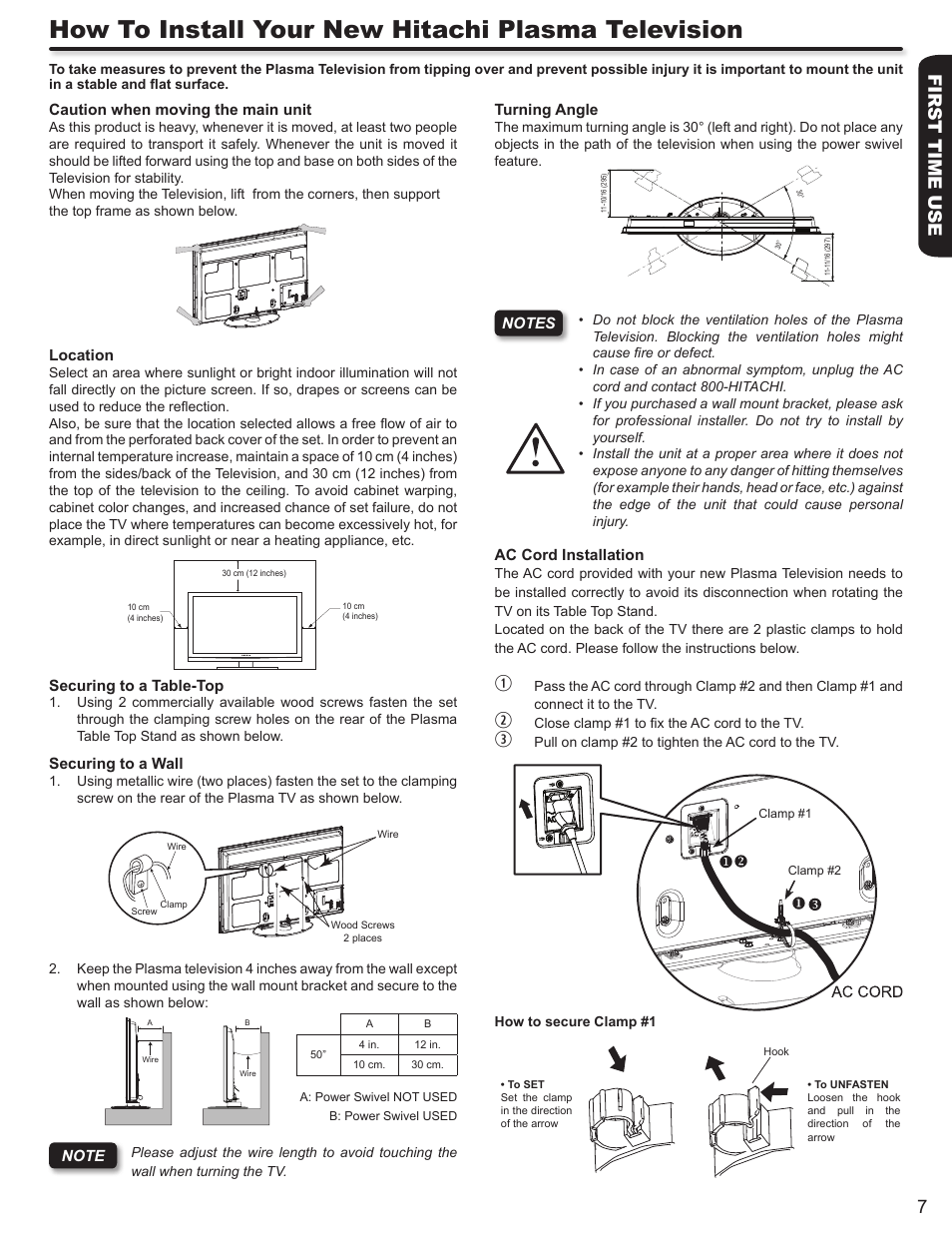 How to install your new hitachi plasma television, First time use 7 | Hitachi P50V702 User Manual | Page 7 / 68