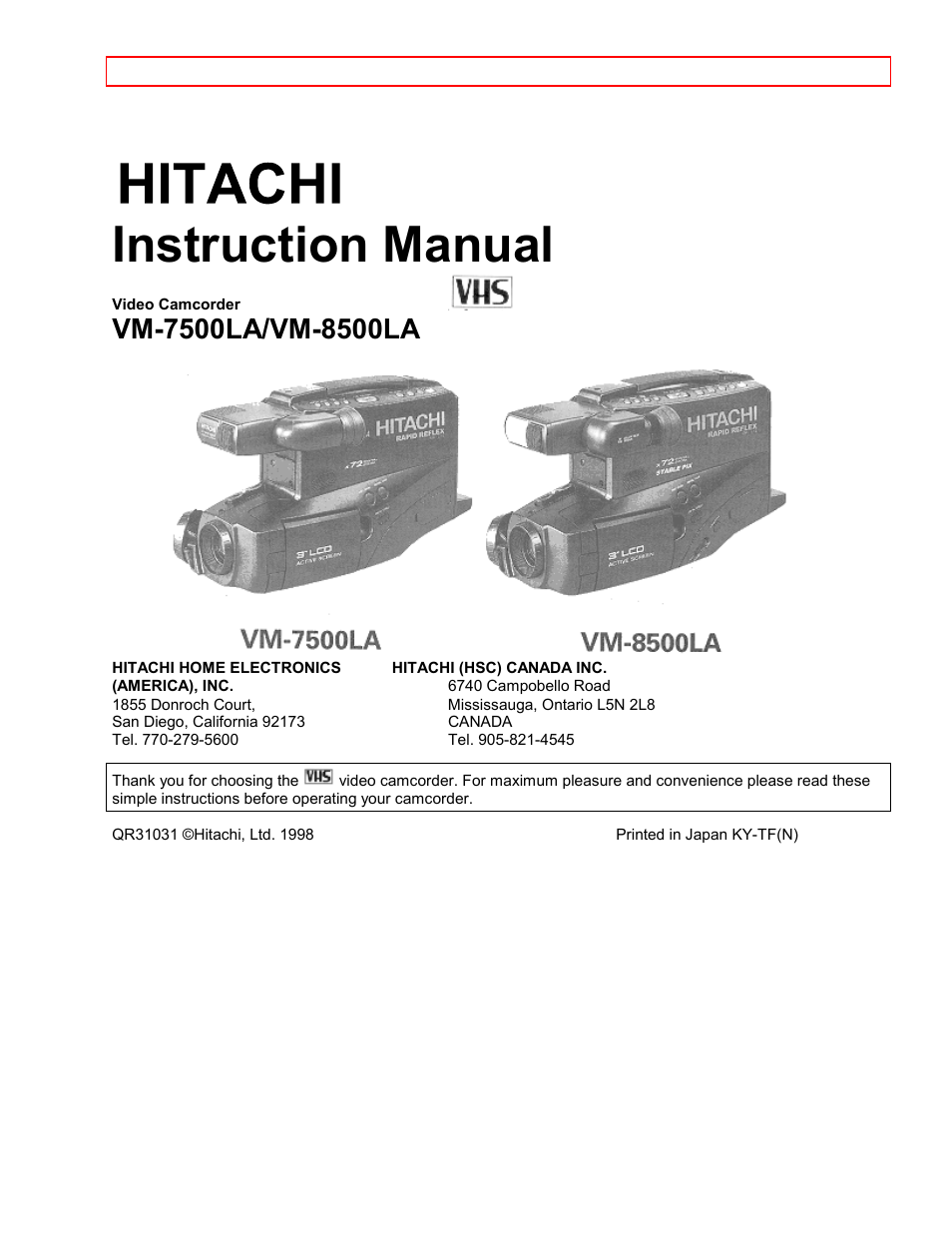 Hitachi VM7500LA User Manual | 59 pages
