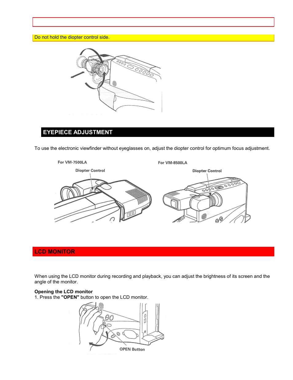 Eyepiece adjustment, Lcd monitor | Hitachi VM7500LA User Manual | Page 10 / 59