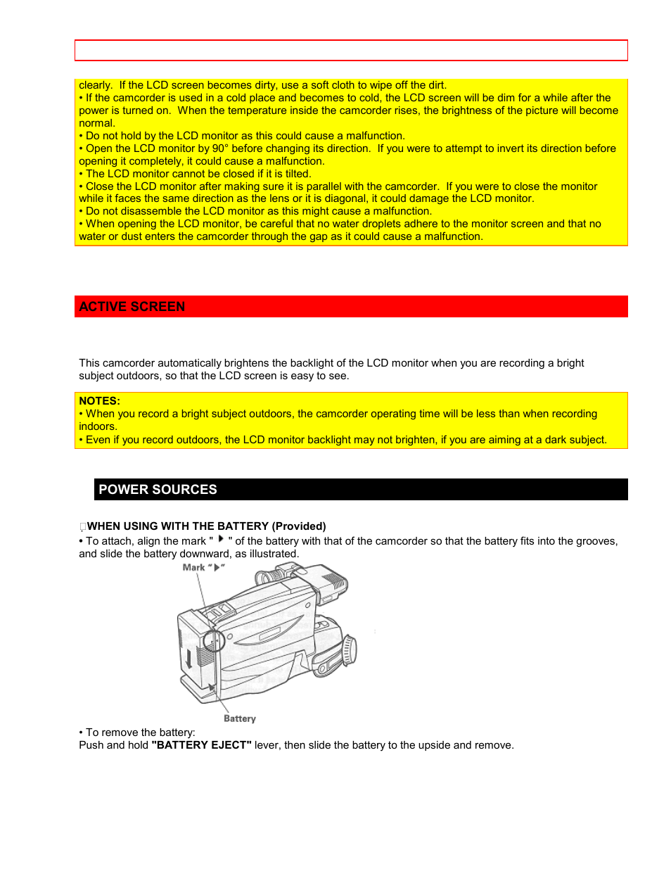 Active screen, Power sources | Hitachi VM7500LA User Manual | Page 12 / 59