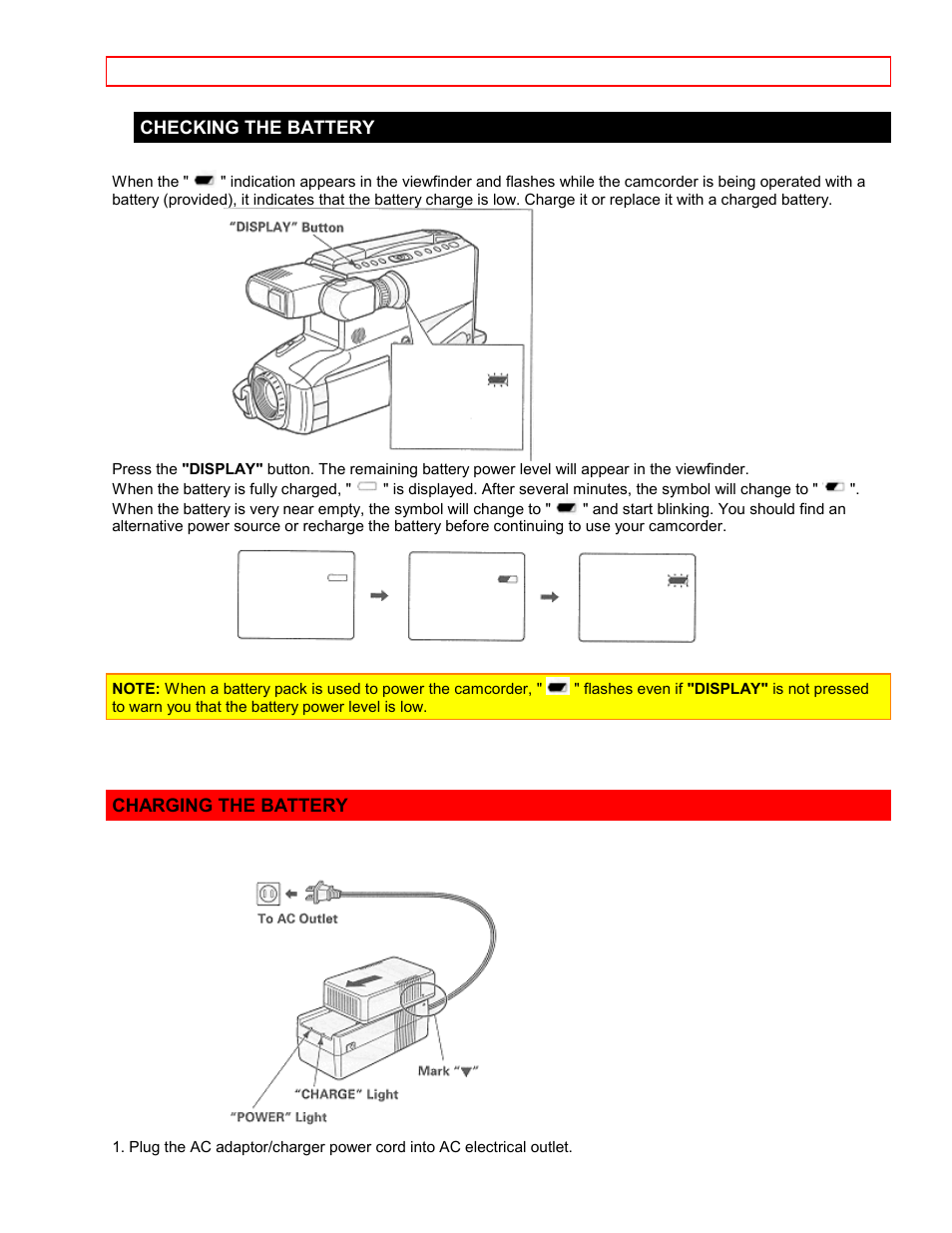 Checking the battery, Charging the battery | Hitachi VM7500LA User Manual | Page 14 / 59