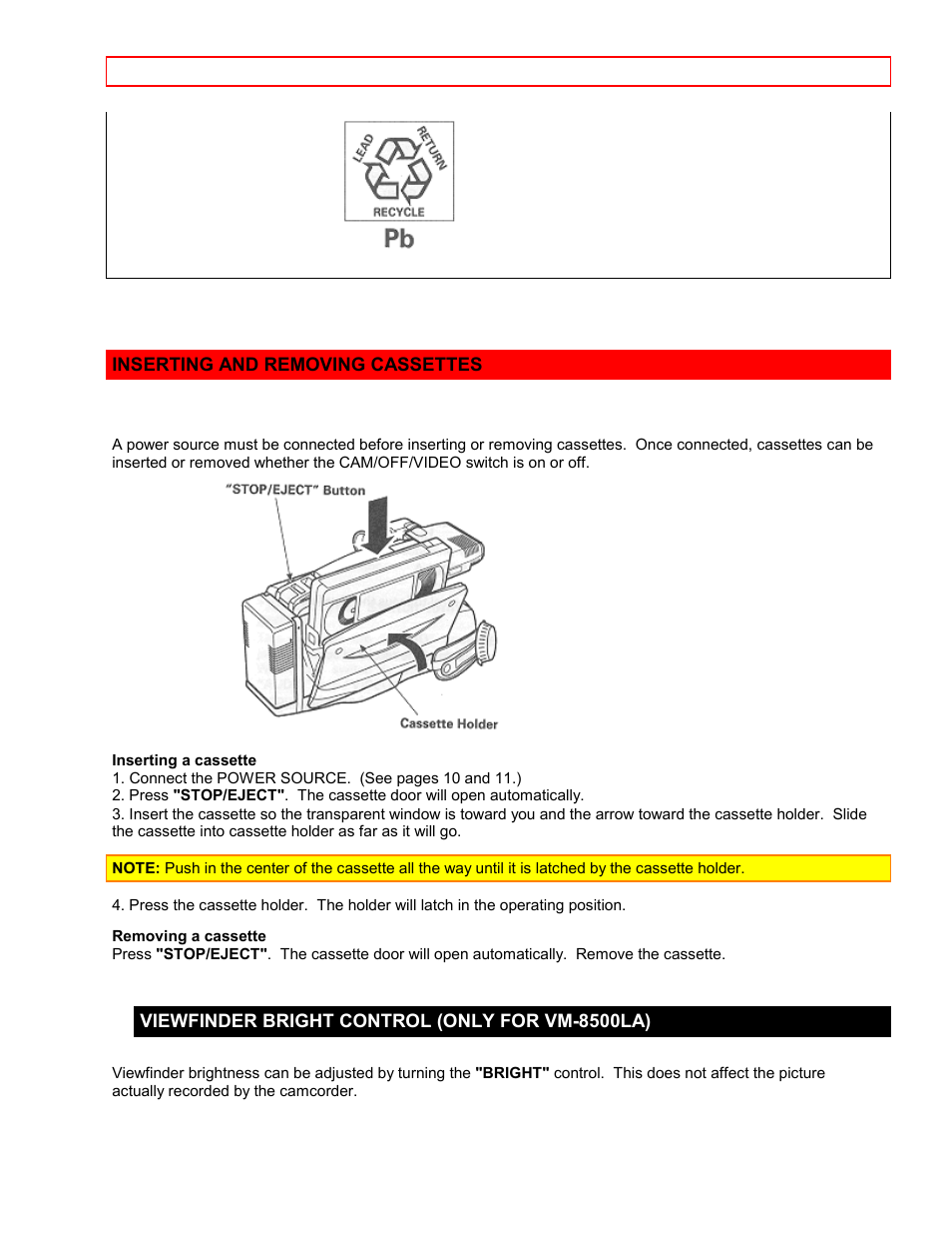 Inserting and removing cassettes, Viewfinder bright control (only for vm-8500la) | Hitachi VM7500LA User Manual | Page 16 / 59