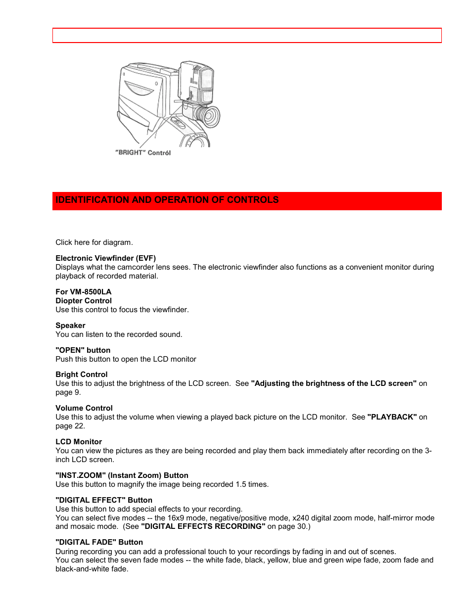 Identification and operation of controls | Hitachi VM7500LA User Manual | Page 17 / 59