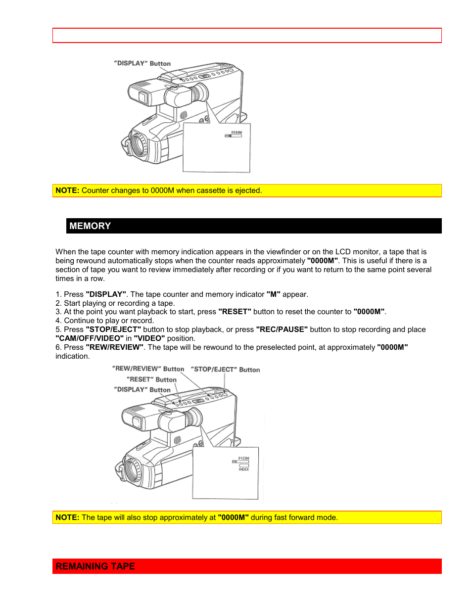 Memory, Remaining tape | Hitachi VM7500LA User Manual | Page 33 / 59