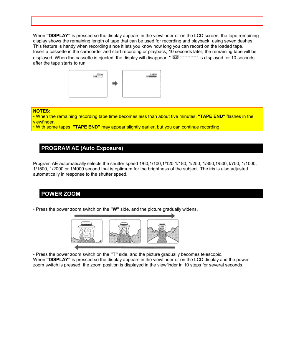 Program ae (auto exposure), Power zoom | Hitachi VM7500LA User Manual | Page 34 / 59