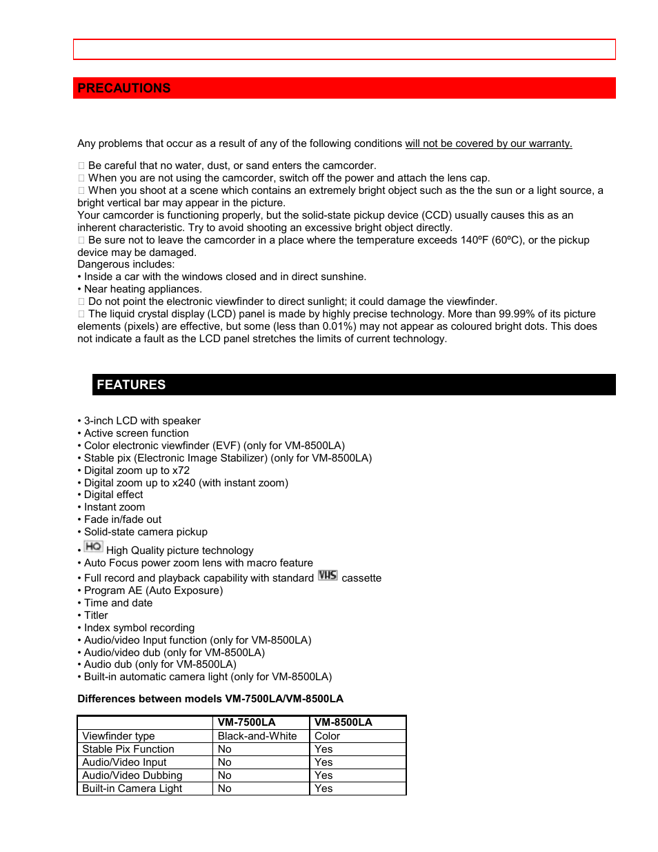 Precautions, Features | Hitachi VM7500LA User Manual | Page 4 / 59