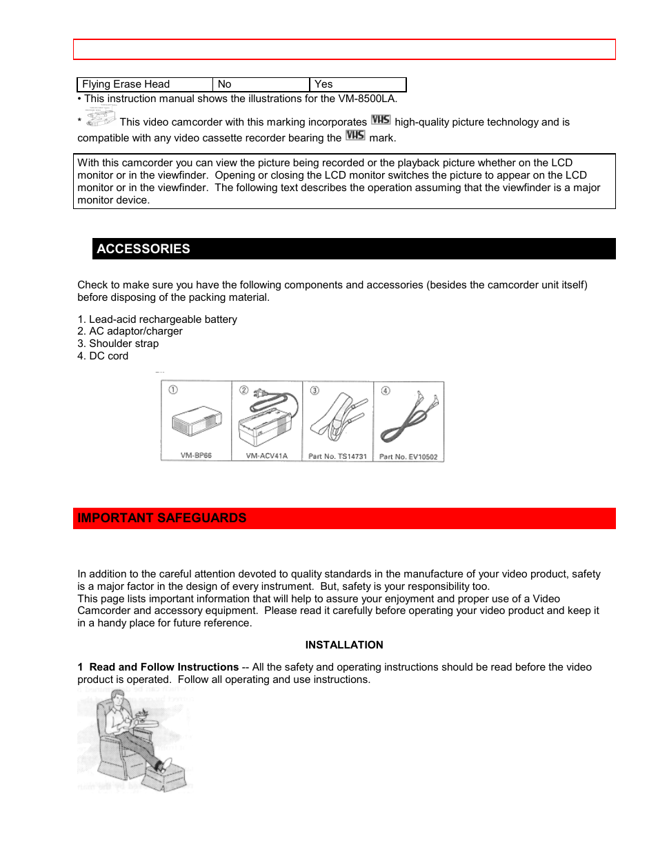 Accessories, Important safeguards | Hitachi VM7500LA User Manual | Page 5 / 59