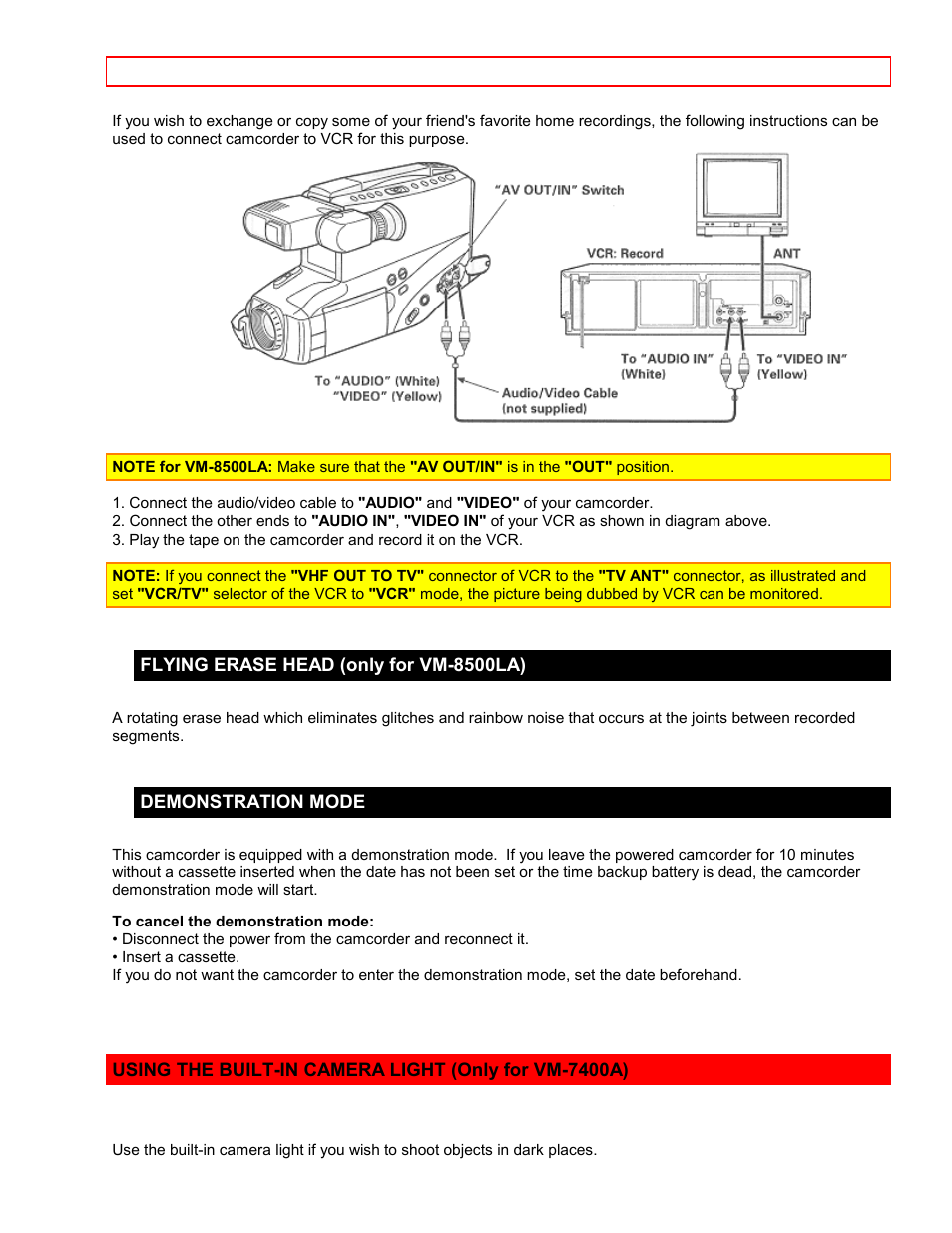 Flying erase head (only for vm-8500la), Demonstration mode | Hitachi VM7500LA User Manual | Page 51 / 59