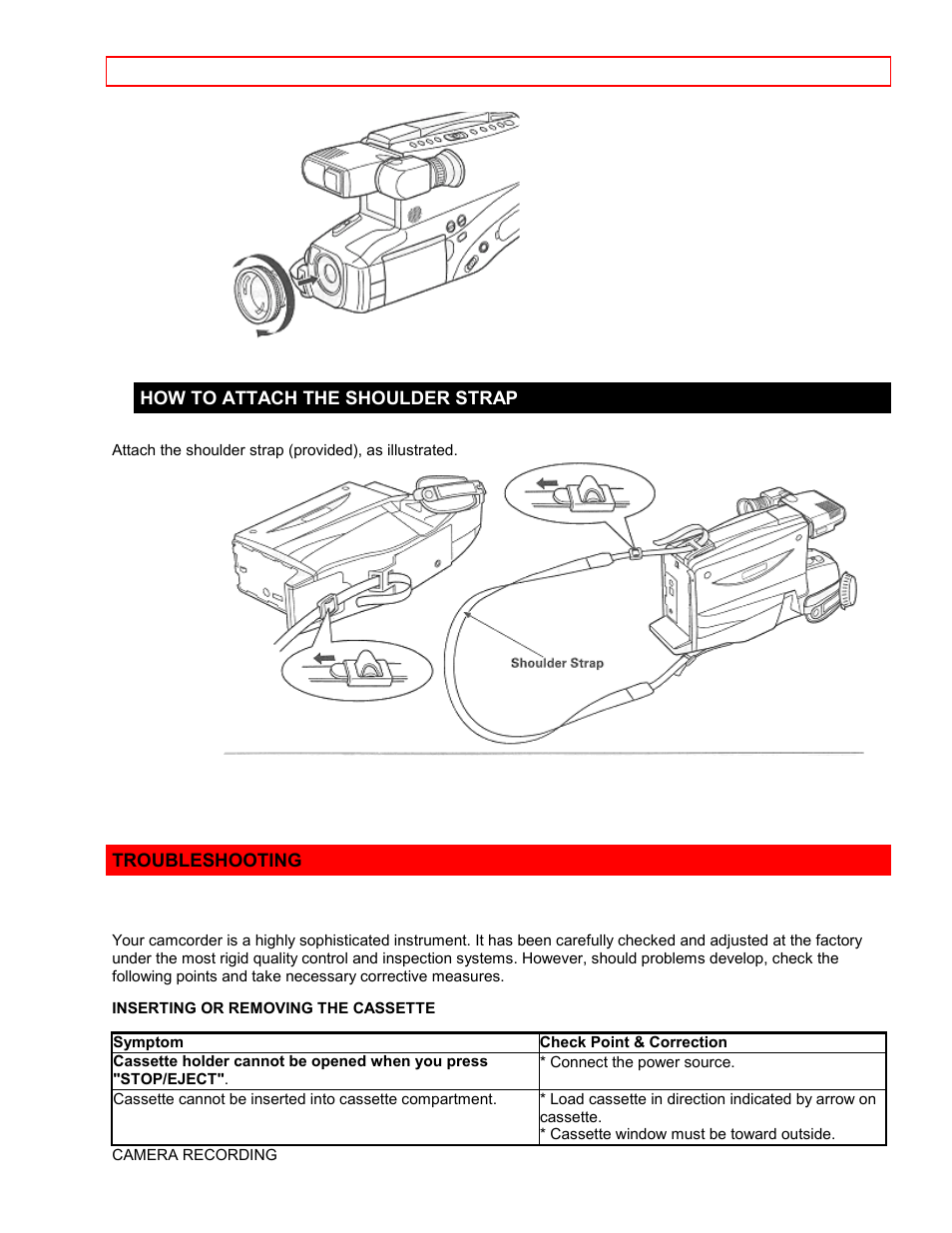 How to attach the shoulder strap, Troubleshooting | Hitachi VM7500LA User Manual | Page 54 / 59