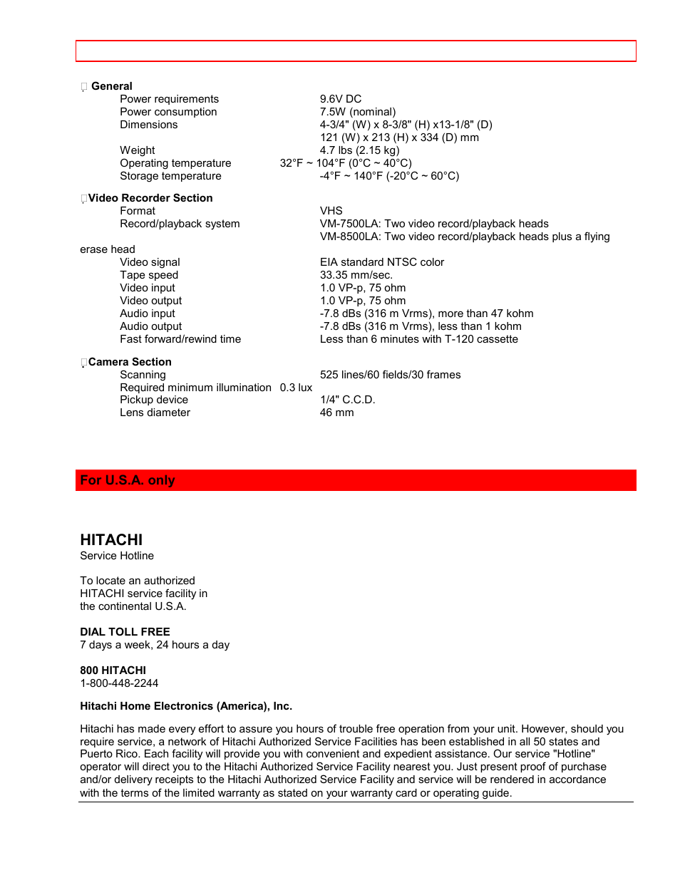 For u.s.a. only, Hitachi | Hitachi VM7500LA User Manual | Page 58 / 59