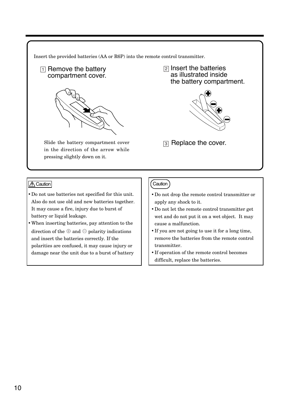 Names and functions of each part (continued), How to insert batteries, Remove the battery compartment cover | Hitachi CP-S830W/E User Manual | Page 10 / 31