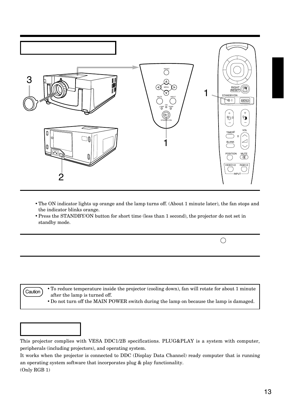 Basic operations (continued), Press the standby/on button, for 1 second, Install the lens cap | 13 english | Hitachi CP-S830W/E User Manual | Page 13 / 31