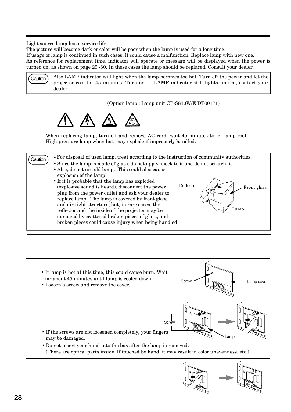 Lamp, Remove the lamp cover | Hitachi CP-S830W/E User Manual | Page 28 / 31