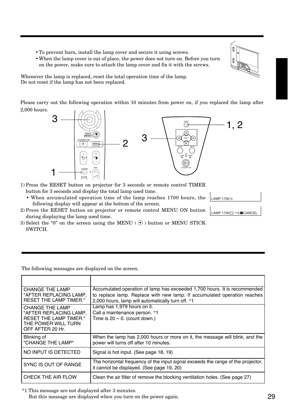 5lamp, Continued), Message table | Install the lamp cover and fix it using screws, On-screen display, 29 english, Reset the lamp time | Hitachi CP-S830W/E User Manual | Page 29 / 31