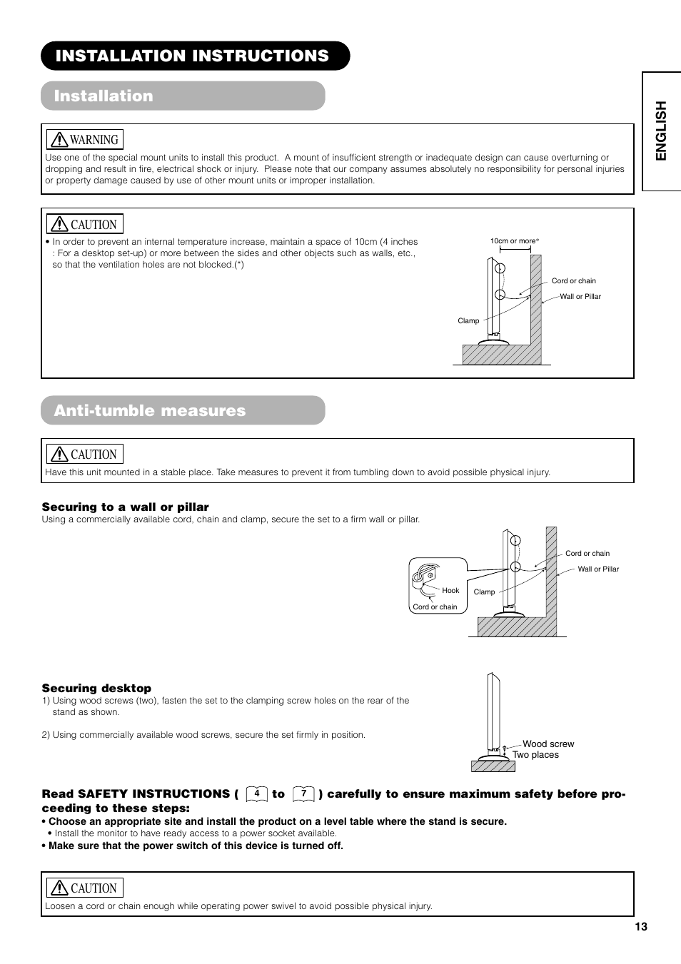 Installation instructions installation, Anti-tumble measures, Caution | English, Warning | Hitachi 42PD7800 User Manual | Page 13 / 58