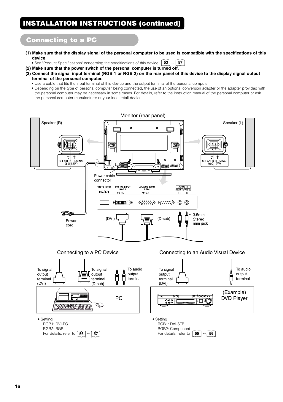 Connecting to a pc, Installation instructions (continued), Monitor (rear panel) | Hitachi 42PD7800 User Manual | Page 16 / 58