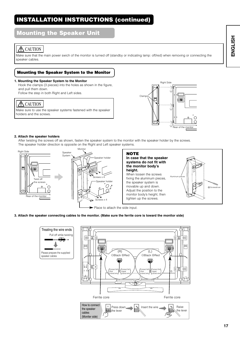 English, Caution, Mounting the speaker system to the monitor | Hitachi 42PD7800 User Manual | Page 17 / 58