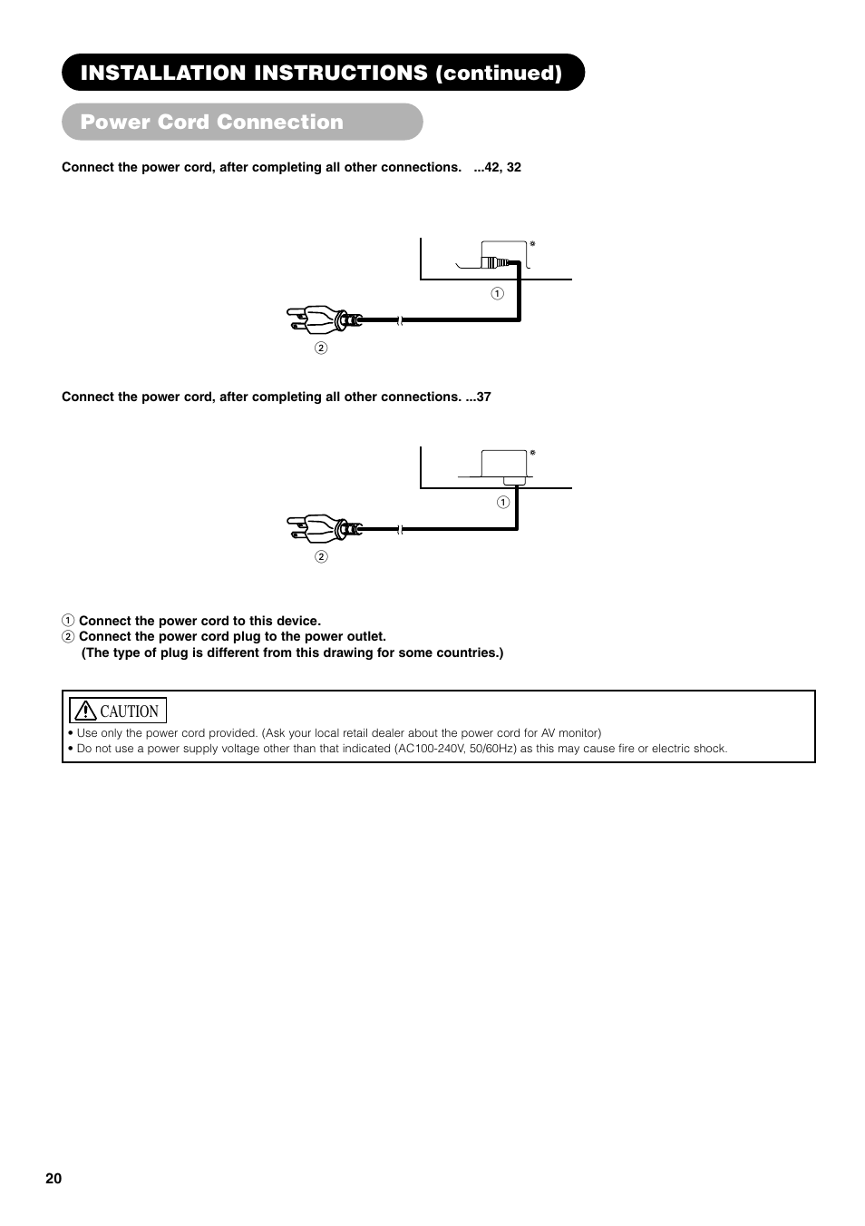 Installation instructions (continued), Power cord connection, Caution | Hitachi 42PD7800 User Manual | Page 20 / 58