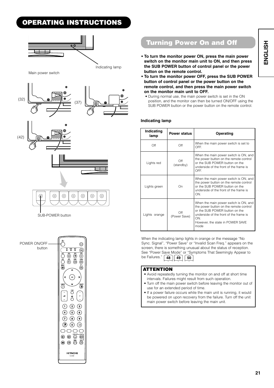 Operating instructions, Turning power on and off, English | Hitachi 42PD7800 User Manual | Page 21 / 58