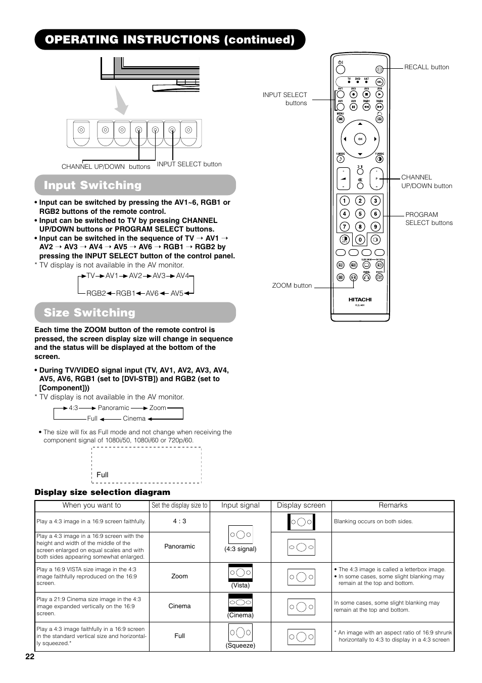 Operating instructions (continued), Input switching size switching | Hitachi 42PD7800 User Manual | Page 22 / 58