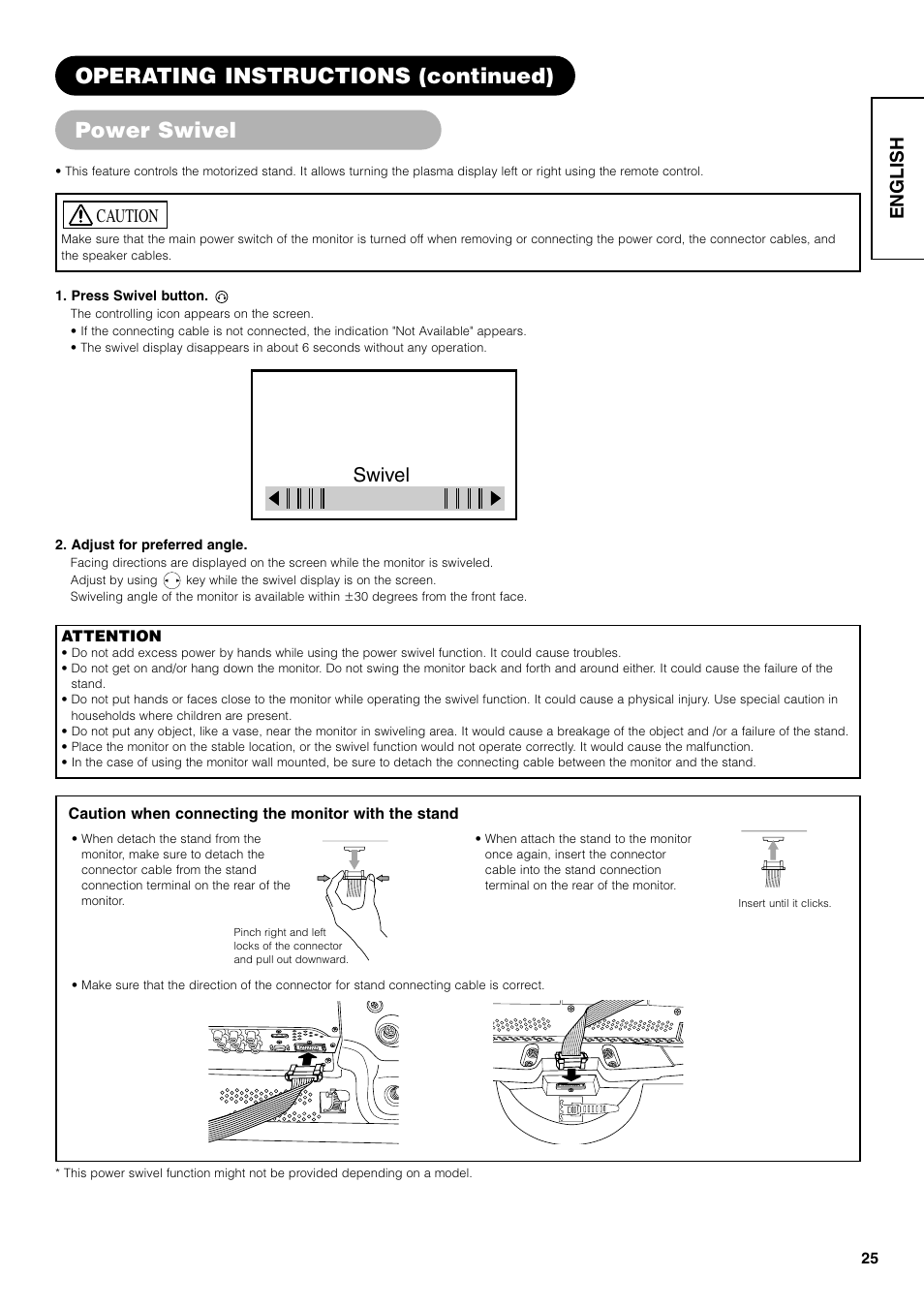 Operating instructions (continued) power swivel, Swivel, English | Caution | Hitachi 42PD7800 User Manual | Page 25 / 58