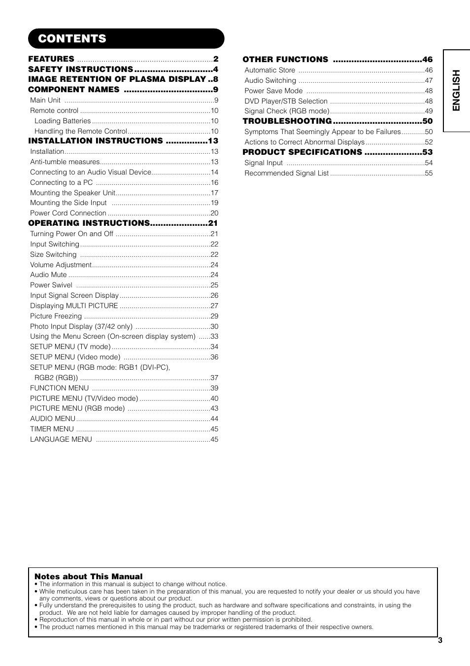 Hitachi 42PD7800 User Manual | Page 3 / 58