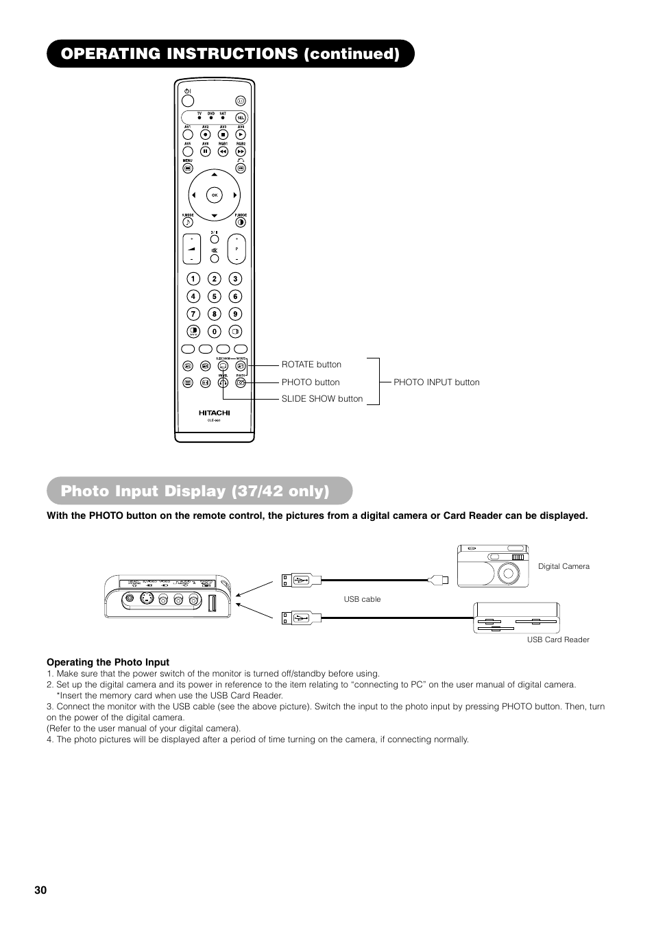 Operating instructions (continued), Photo input display (37/42 only) | Hitachi 42PD7800 User Manual | Page 30 / 58