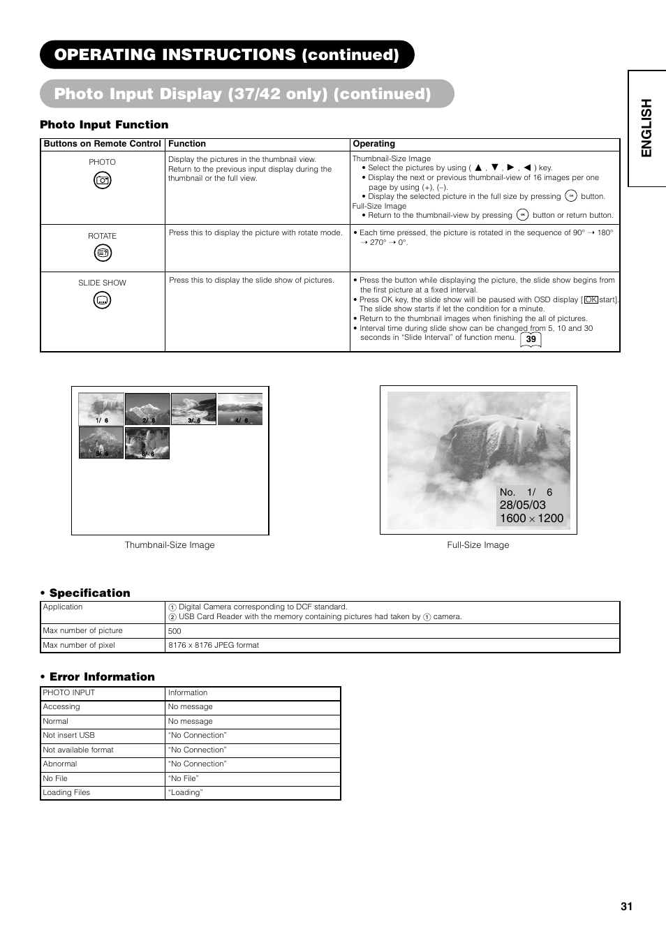 English, Photo input function, Specification • error information | Hitachi 42PD7800 User Manual | Page 31 / 58
