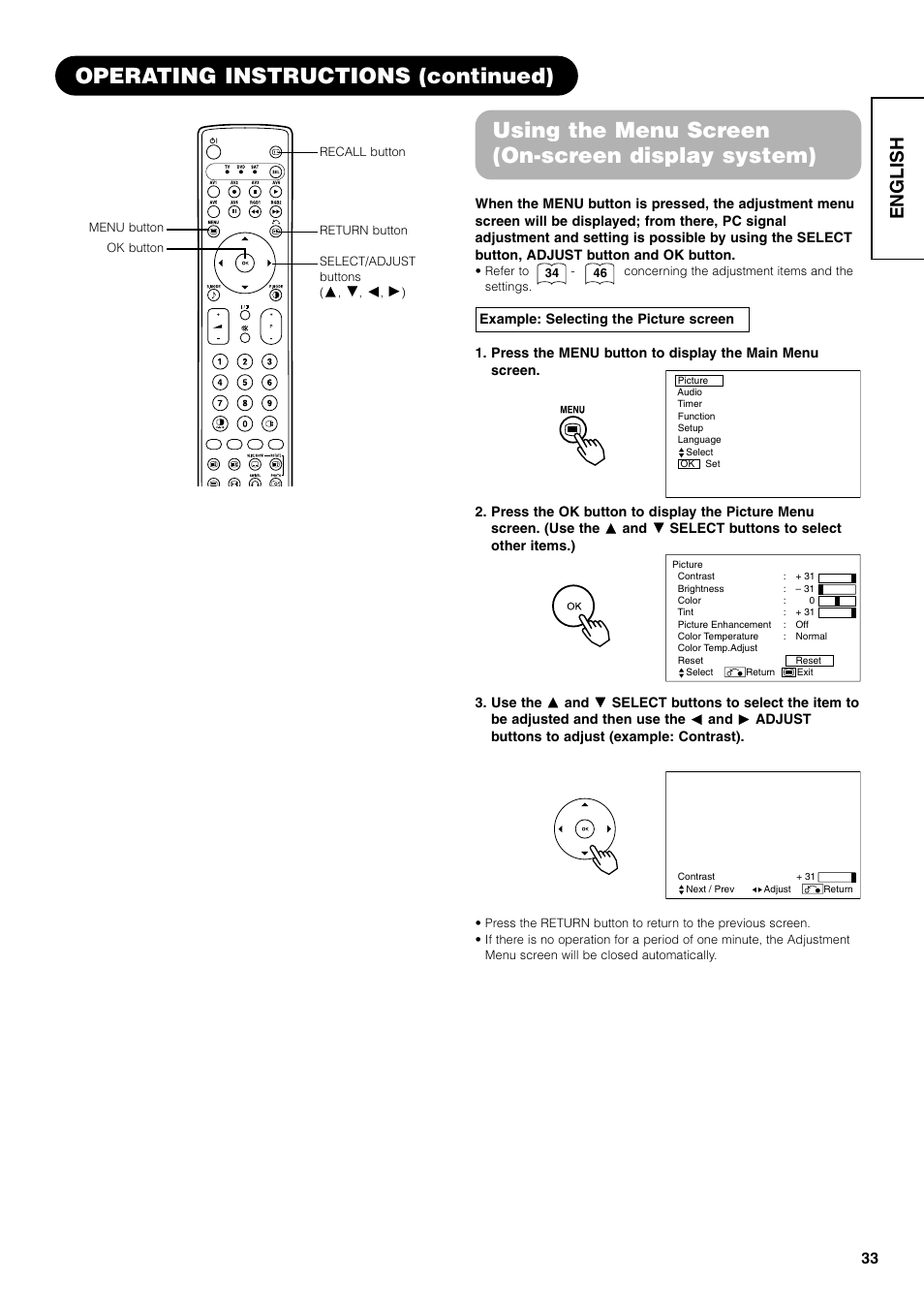 Operating instructions (continued), Using the menu screen (on-screen display system), English | Hitachi 42PD7800 User Manual | Page 33 / 58