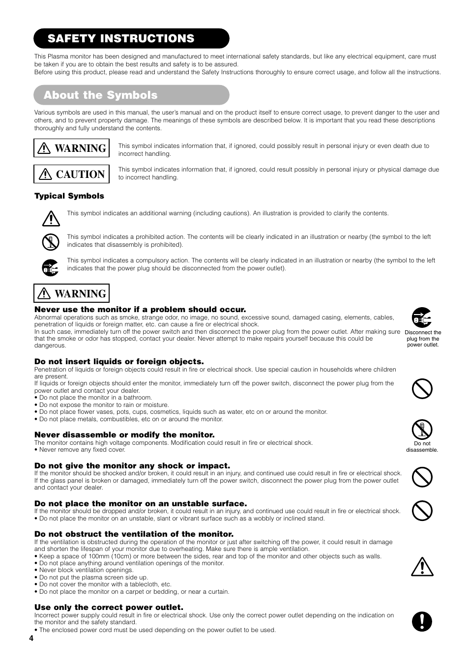 Safety instructions about the symbols, Warning, Warning caution | Hitachi 42PD7800 User Manual | Page 4 / 58