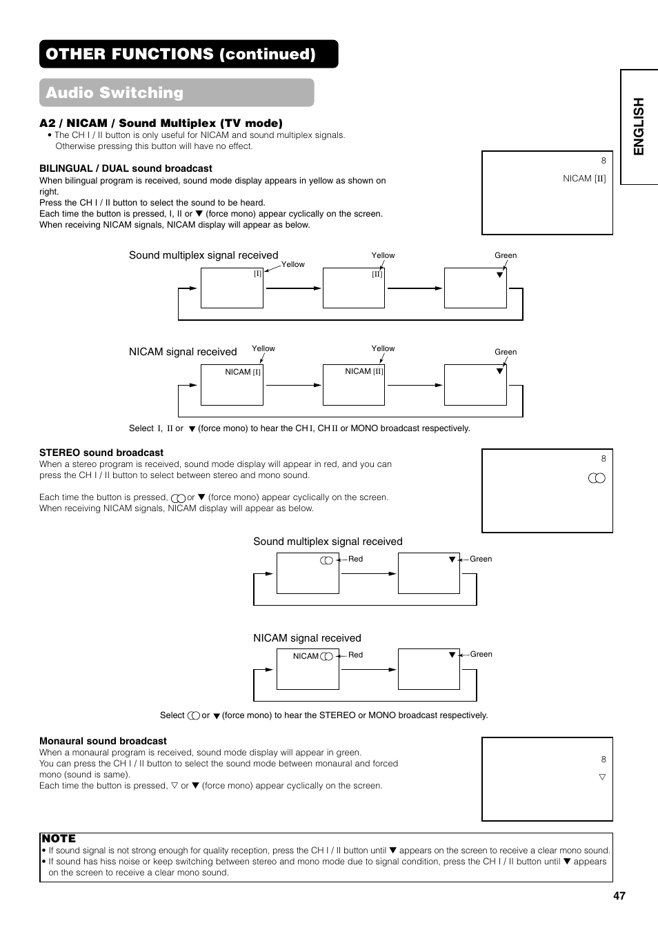 Other functions (continued) audio switching, English | Hitachi 42PD7800 User Manual | Page 47 / 58