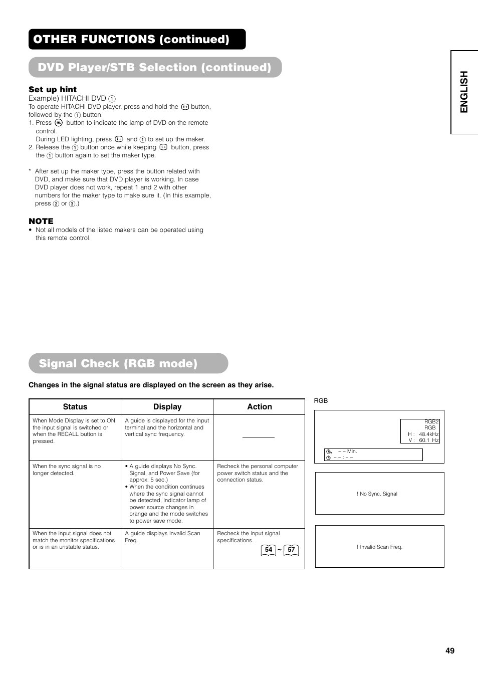 Signal check (rgb mode), English | Hitachi 42PD7800 User Manual | Page 49 / 58